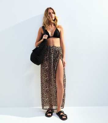 Brown Crinkled Leopard Print Maxi Skirt