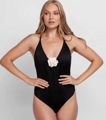 Dorina Black V-Neck Flower Applique Swimsuit