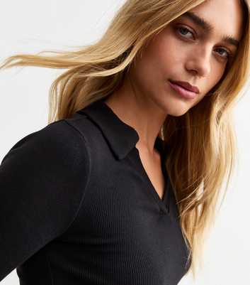 Black Rib Jersey Polo Top