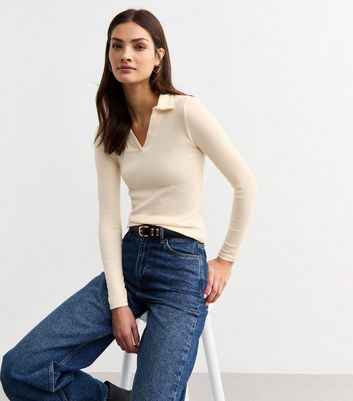Cream Rib Jersey Polo Top | New Look
