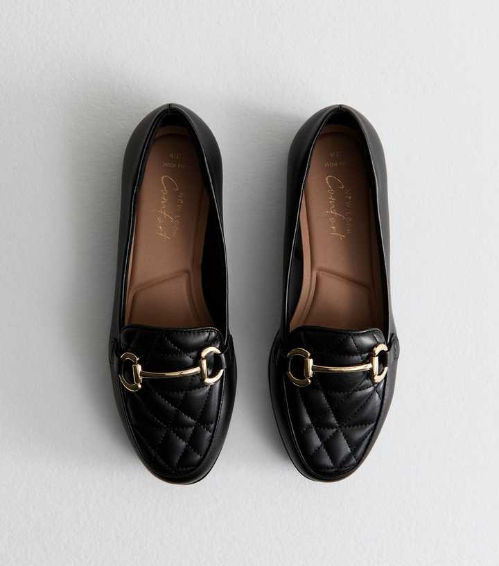 Wide Fit Black Quilted Faux Leather Loafers