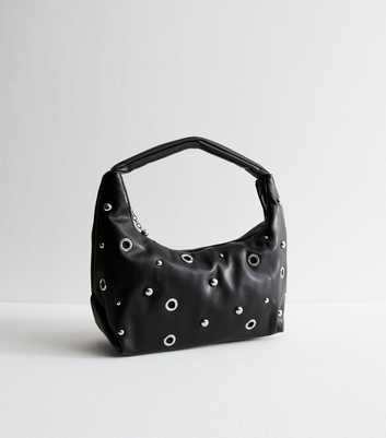 Black Faux Leather Eyelet Shoulder Bag