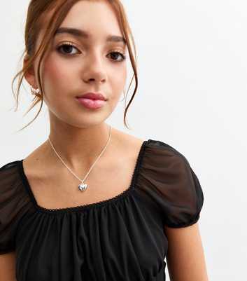 Girls Black Puff Sleeve Ruched Mesh Top