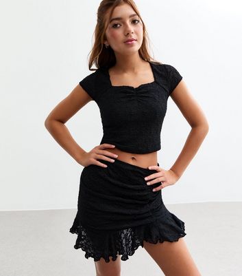 Girls Black Ruched Textured Lace Skirt New Look