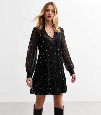 Black Polka Dot Pussybow Chiffon Mini Dress