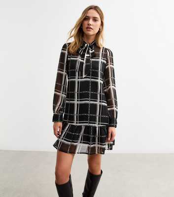 Black Windowpane Check Chiffon Mini Dress