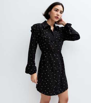 Black Ditsy Floral Belted Mini Shirt Dress