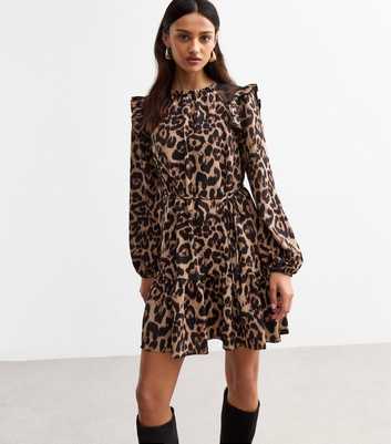 Brown Leopard Print Lace Trim Ruffle Mini Dress