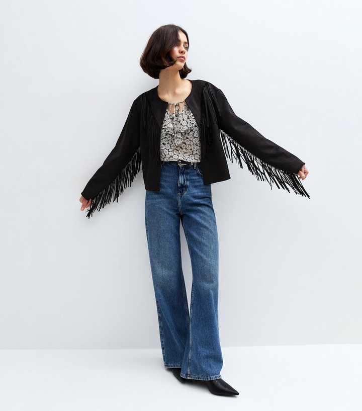 Black Faux Suede Fringe Trim Jacket 