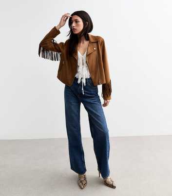 Tan Fringe Trimmed Faux Suede Jacket