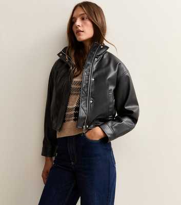 Black High Neck Faux Leather Bomber Jacket