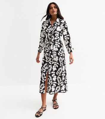 Black Floral Print Belted Shirt Dress