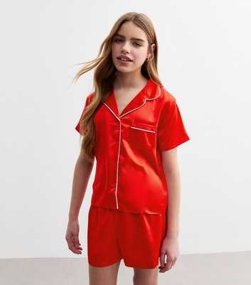 Girls Red Satin Shirt And Shorts Pyjamas