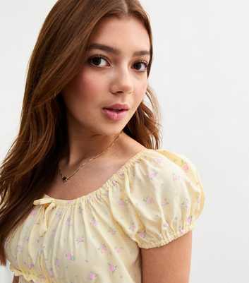 Girls Light Yellow Floral Print Milkmaid Top