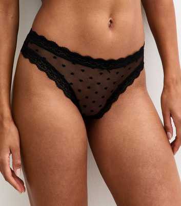 Black Lace Trimmed Heart Mesh Thong