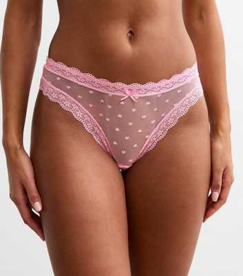 Pink Lace Trimmed Heart Mesh Thong