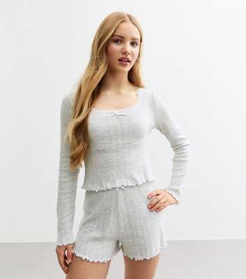 Girls Grey Heart Pointelle Top And Shorts Pyjama Set