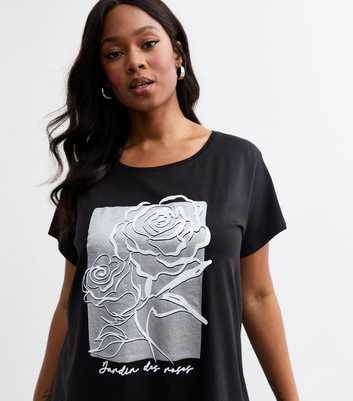 Curves Black Metallic Rose Print T-Shirt