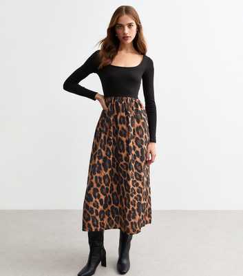 Black Leopard Print Skirt Midi Dress