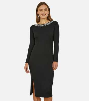 Yumi Black Pearl Trim Knitted Midi Dress