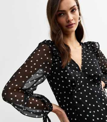 Black Spotted Ruffle Trim Chiffon Midi Dress