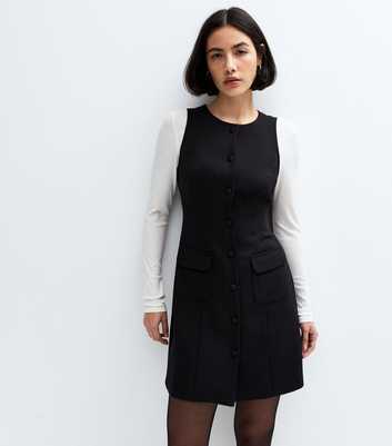 Black Tailored Button Front Pinafore Dress