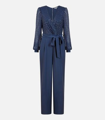 Yumi Navy Long Sleeves Sequin Jumpsuit New Look
