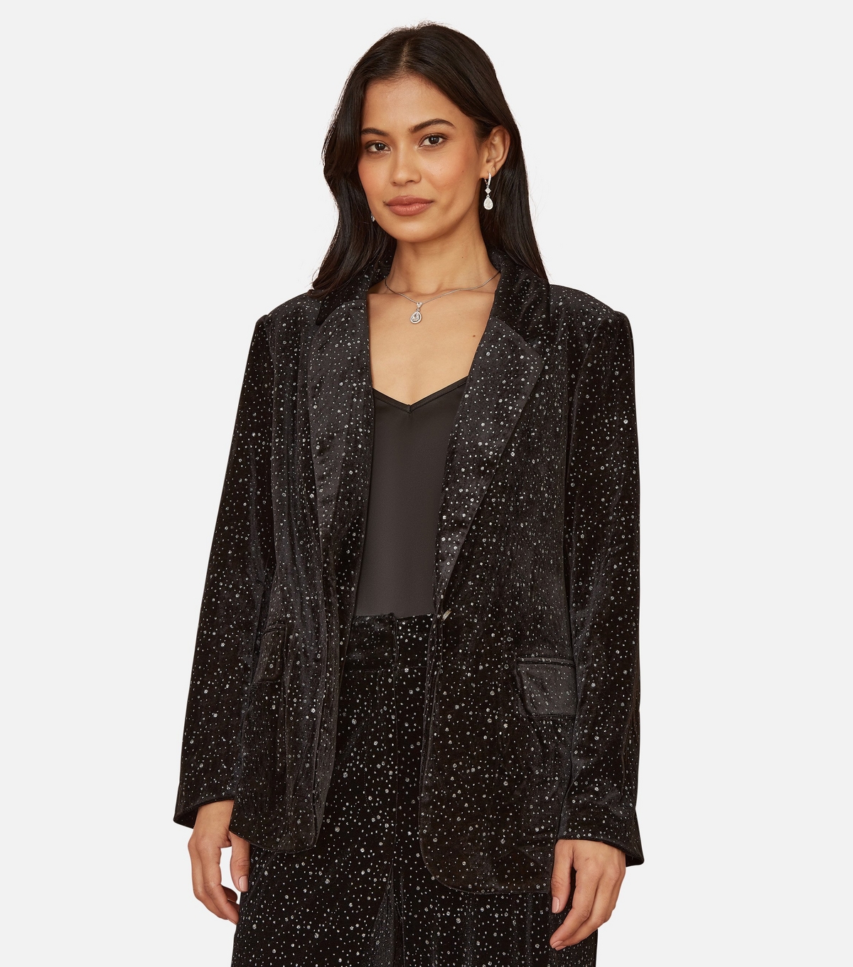 Women's Black Velvet Sparkly Blazer Yumi New Look