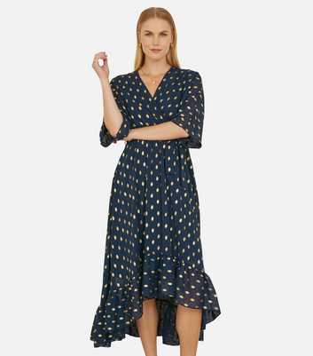 Yumi Navy Foil Wrap Midi Dress