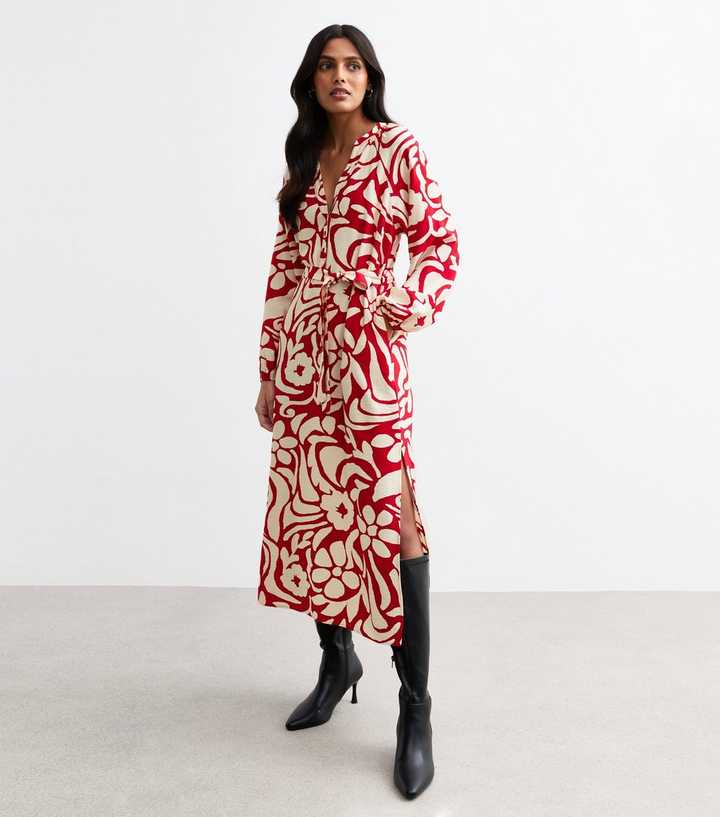 Red Abstract Floral Print Slit Hem Midi Dress | New Look