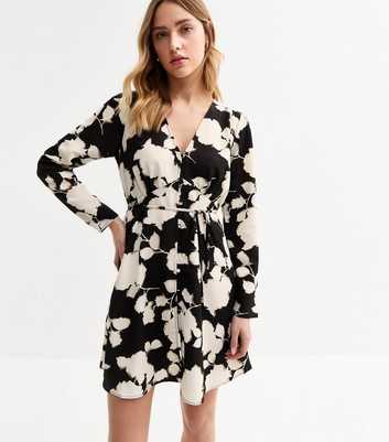 Black Blurred Floral Print Mini Shirt Dress