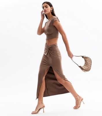 Brown Knot Side Midi Skirt