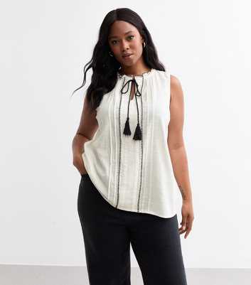 ONLY Curves Off White Cotton Pleated Sleeveless Top