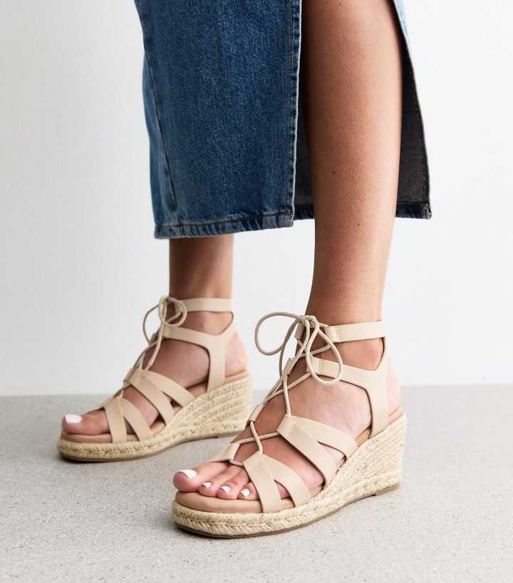 Off White Faux Leather Lace Up Wedges
