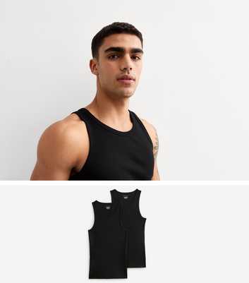 2 Pack of Black Slim Ribbed Cotton Vest Tops 