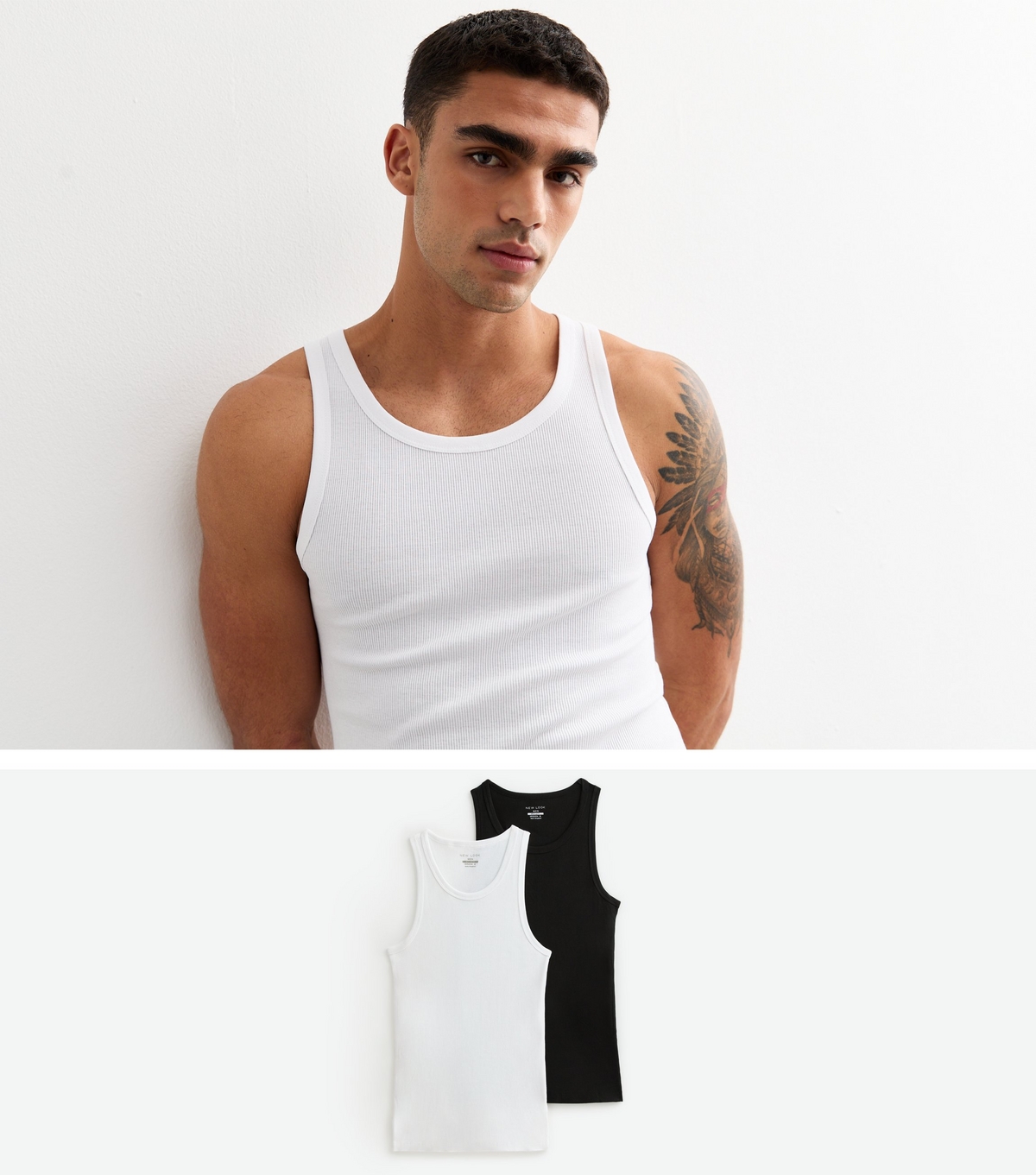 Men's 2 Pack White/Black Slim Ribbed Cotton Vest Tops New Look