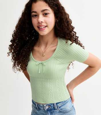 Girls Mint Green Pointelle Panel Bow Detail Top