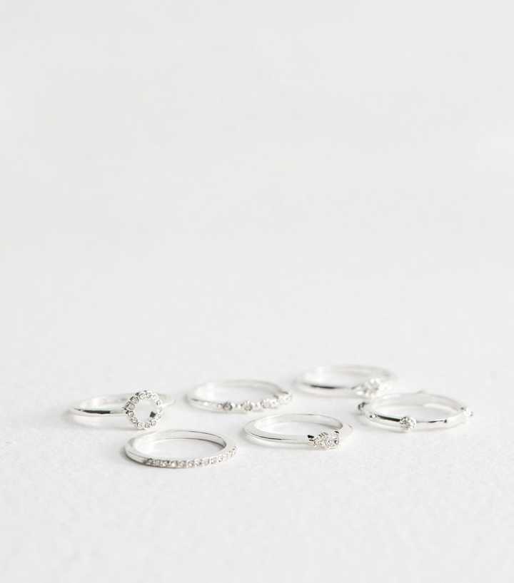 Pack of 6 Silver-Tone Diamanté Rings