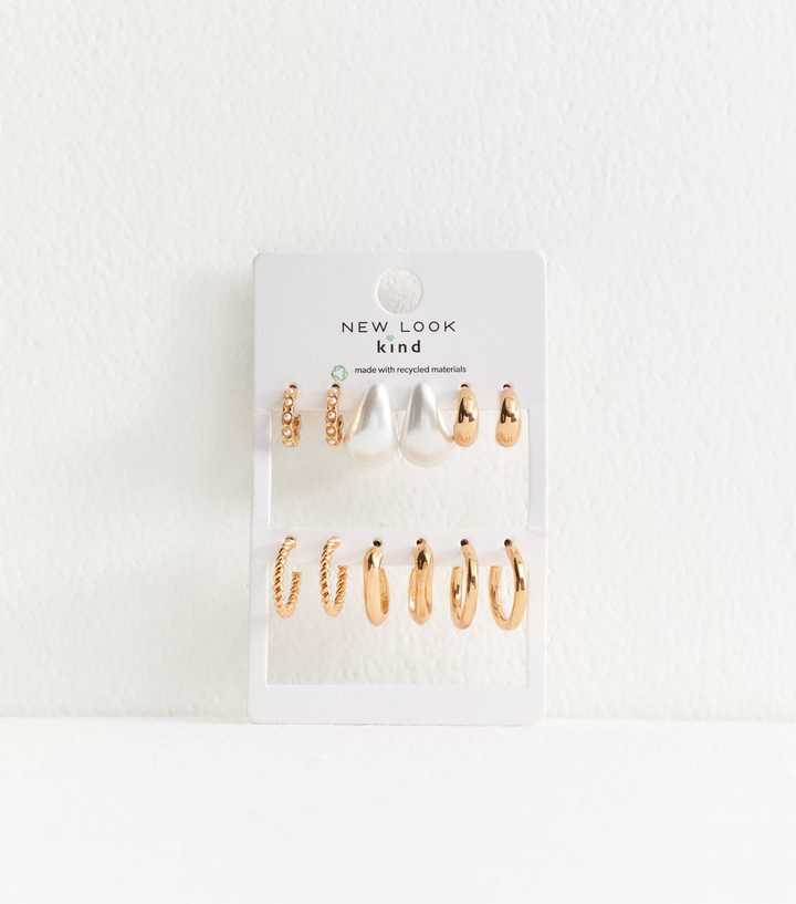 Pack Of 6 Gold Tone Peal Teardrop Twist Hoops