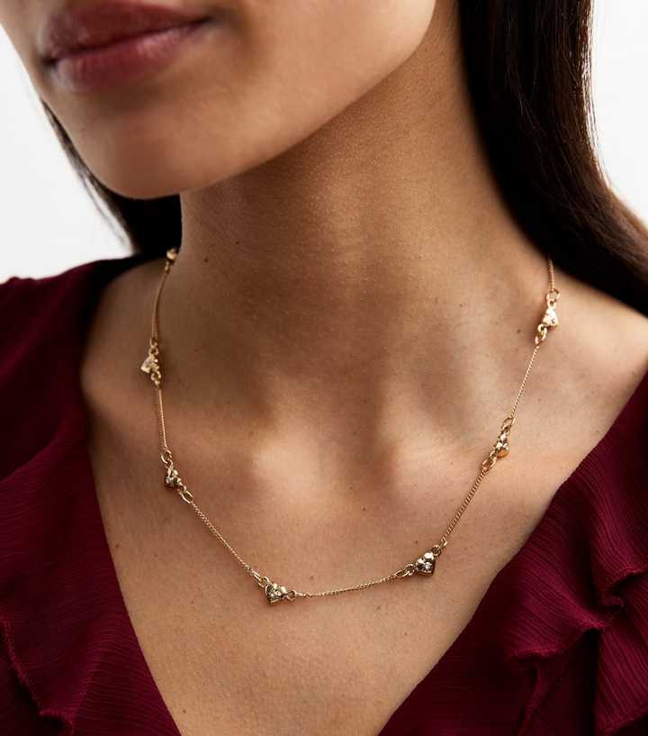 Gold Tone Diamanté Heart Charm Necklace New Look