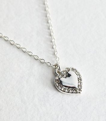 Silver Tone Diamantè Heart Pendant Necklace | New Look