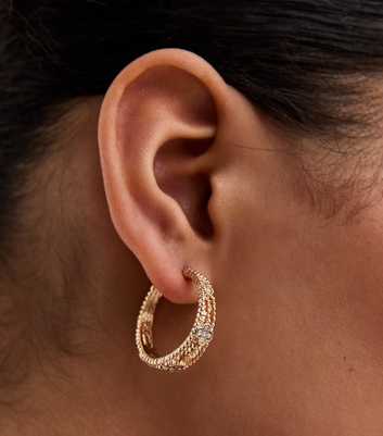 Gold Tone Flower Diamanté Hoop Earrings