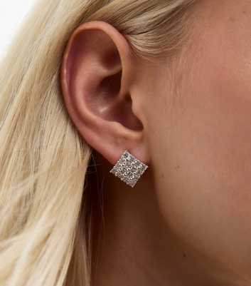 Silver Tone Cubic Zirconia Square Stud Earrings 