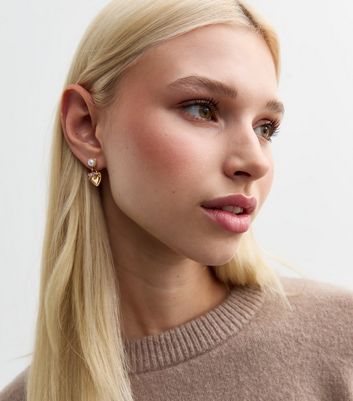Gold Tone Faux Pearl Heart Drop Earrings