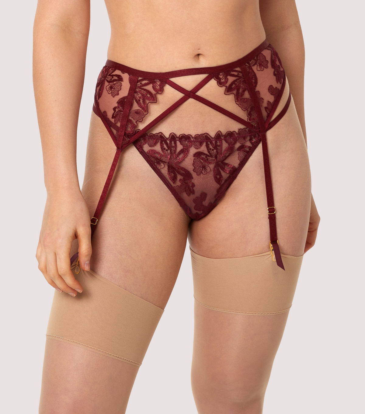 Women's Burgundy Eva Embroidered Suspender Belt Wolf & Whistle New Look