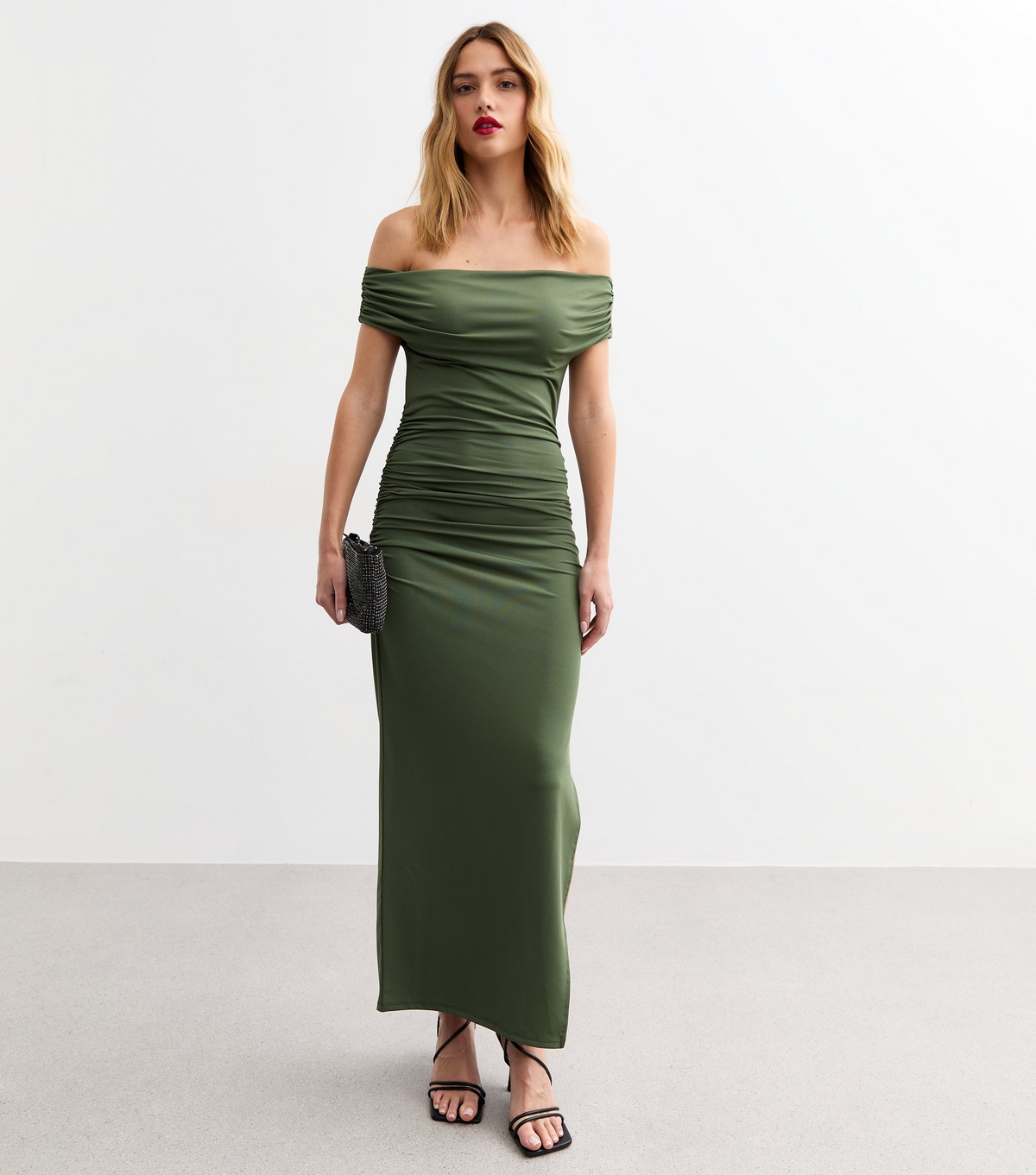 Women's Khaki Bardot Off Shoulder Midi Dress New Look