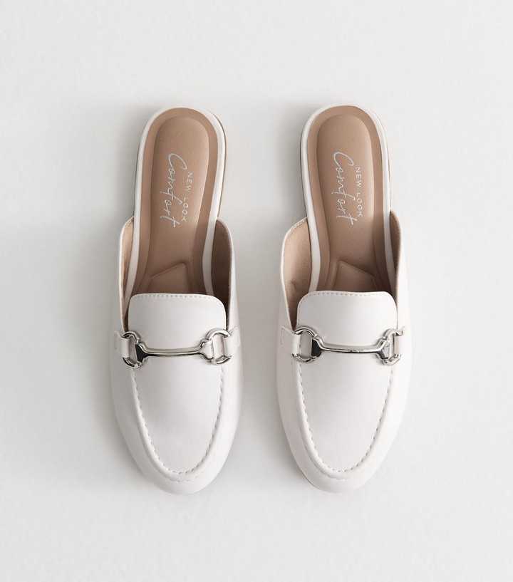White Faux Leather Snaffle Detail Backless Loafers
