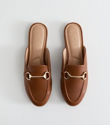 Tan Faux Leather Snaffle Detail Backless Loafers