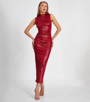 QUIZ Red PU Diamanté High Neck Midaxi Dress