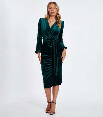 QUIZ Dark Green Velvet Ruched Midi Dress